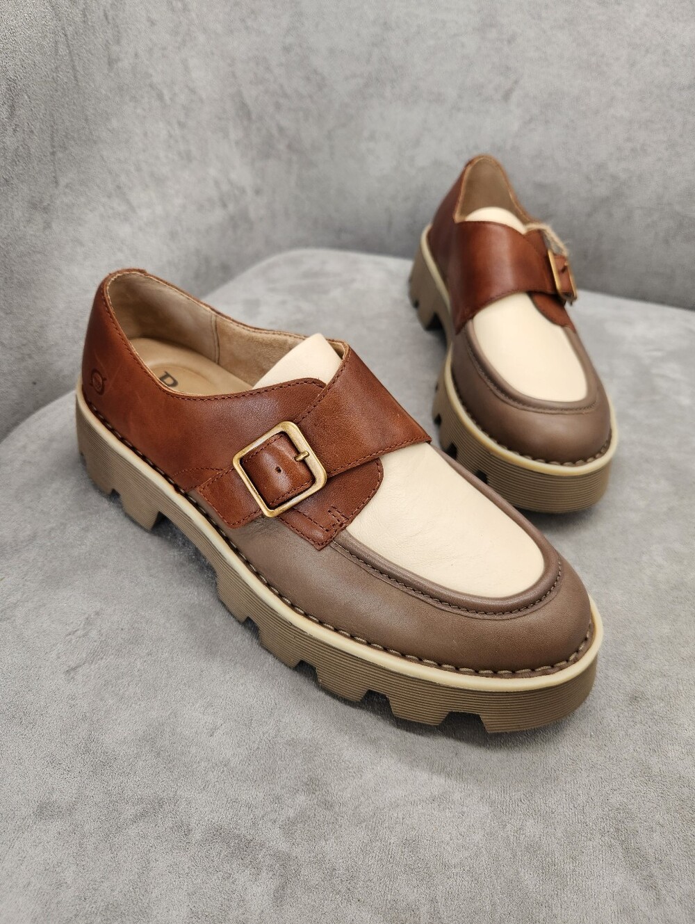 Born Loafers 10 Brown Taupe Cream Leather Sammi Monk Strap Lug Chunky New $170